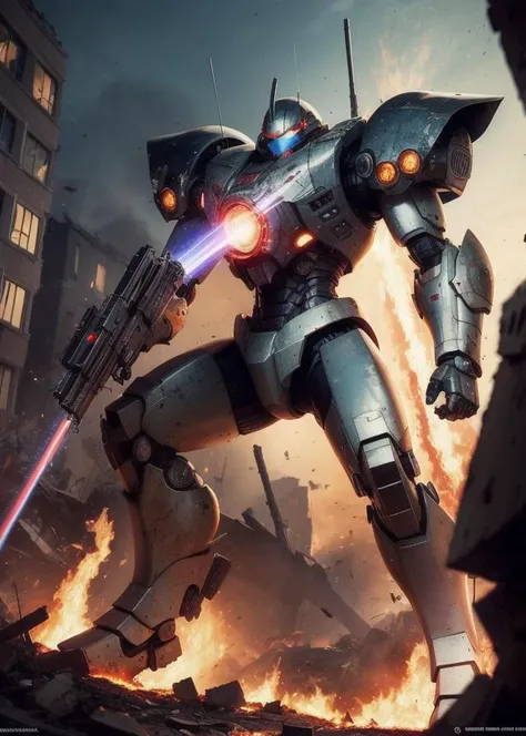 masterpiece, best quality, mecha, no humans, black armor, blue eyes, science fiction, fire, laser canon beam, war, conflict, destroyed city background,