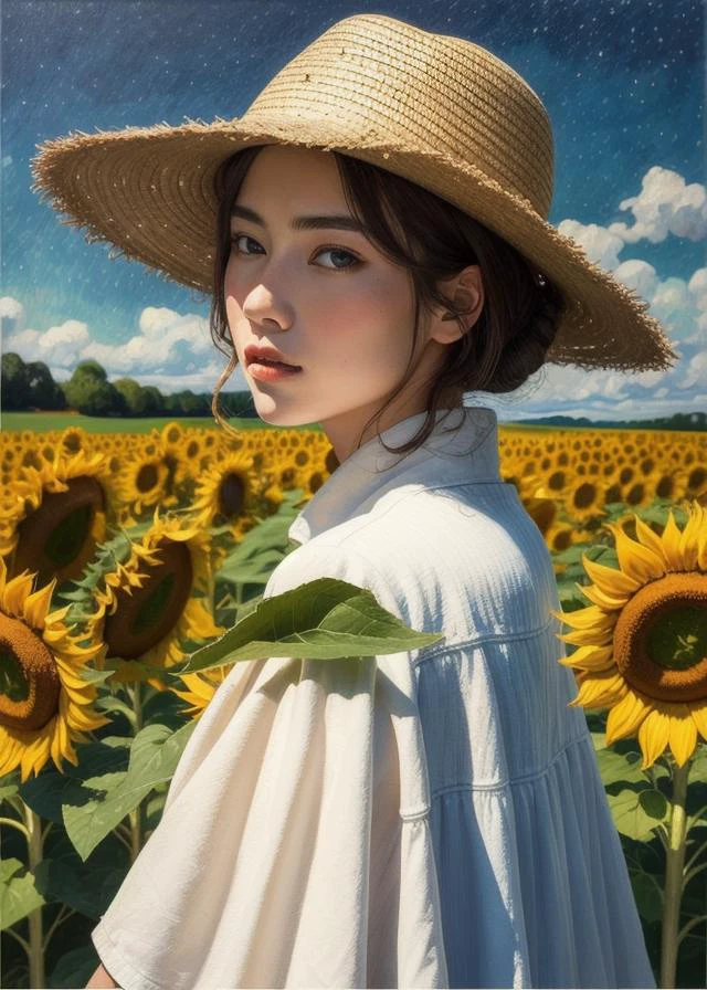 oil painting, by van gogh, colorful, abstract, abstract background, masterpiece, best quality, ultra detailed wallpaper, 20 year old bo, Wearing a straw hat, cornfield, tree, star, surreal dreamscape, sunflowers,night,