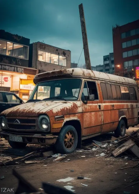 a photo of a rusty tslas (zeekars), 3/4 front view, survival, post-apocalyptic, cyberpunk, outdoors, night, destruction, urban decay, masterpiece, photorealistic, 8k, high detail, dark theme,