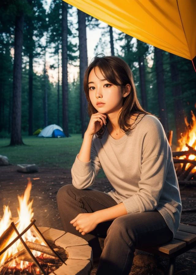 (sfw), A man sitting in front of a campfire with a tent in the background, perfect quality, sharp focus, colorful, perfect anatomy, perfect face, girl, intricate detail