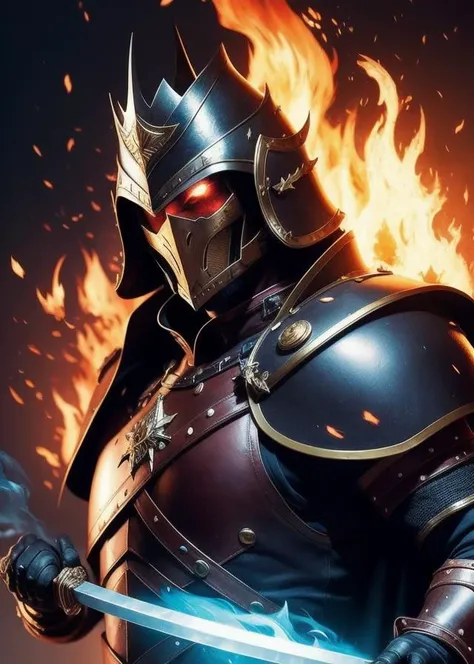 fusionart Dark, armored, character, crown, cape, helmet, sword, pointing, fiery, flames, smoke.