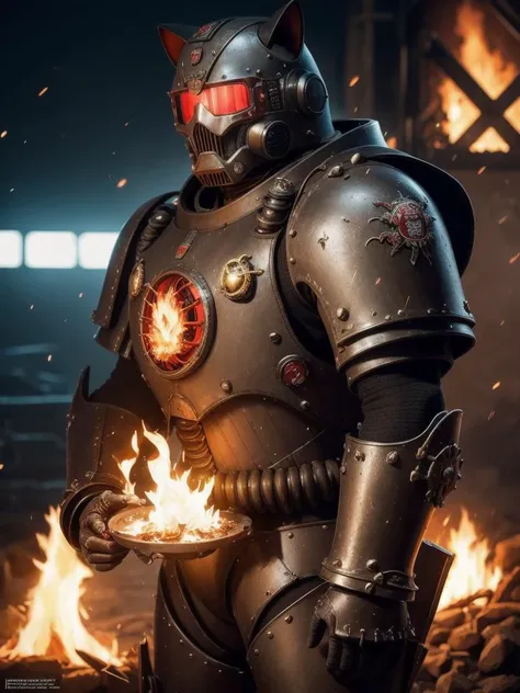 Cat in power armor-hoodie adeptus mechanicus, eyepieces, finely detailed armor, looking away, encrusted with skulls, black and red, warhammer 40k, dark tones, fire burning rome empire in the background, sparks, cinematic lighting, hyper realistic