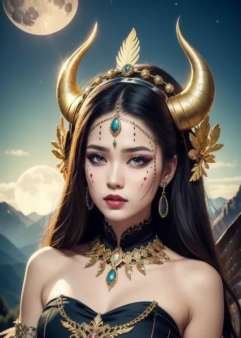 fusionart Fantasy, woman, headdress, horns, feathers, dark, ornate, face paint, intricate, glowing designs, regal expression, black dress, gold and silver embroidery, bracelets, rings, dark landscape, mountains, full moon.