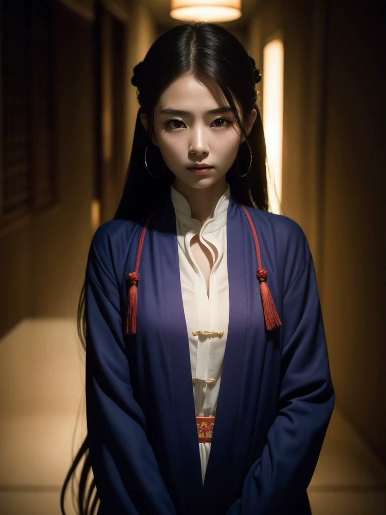 wuxia 1girl,chinese taoist, in the dark, deep shadow, low key, cold light