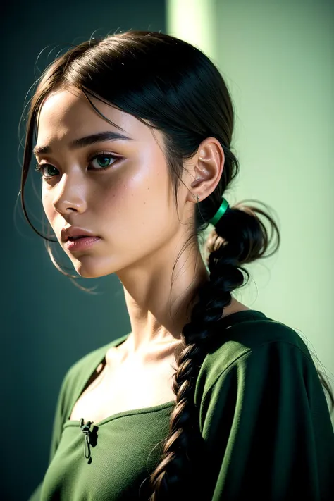 Protrait, photograph, androgynous hunnuman, oval jaw, delicate features, beautiful face, dreadlocked hair, long bangs, long ponytail, bright blue-green eyes, hindu art<lora:detailmaker:3>