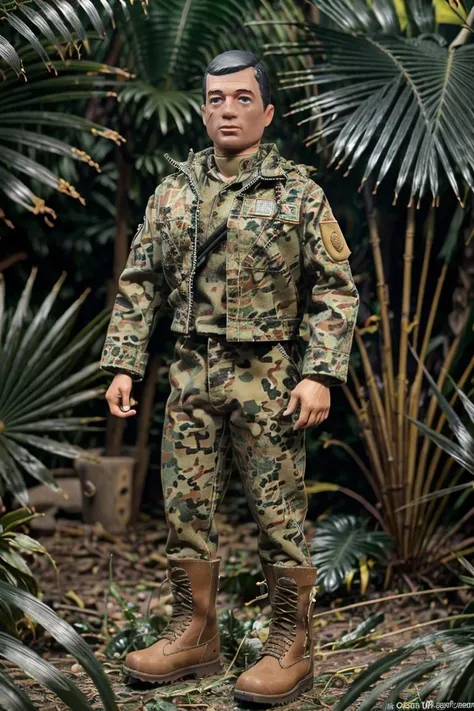 (8k, RAW photo, best quality, masterpiece:1. 2), (realistic, photo-realistic:1. 4), (extremely detailed CG unity 8k wallpaper), <lora:GI-Joe:1> a toy man wearing army uniform, green jacket, pants, boots, standing in a jungle, <lora:pytorch_lora_weights:1>