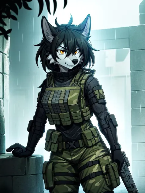 <lora:F95SFW:0.5> hand and a tank at her side. She wears camo pants and a tactical vest, adorned with various pouches and straps. Her fur is a mix of gray and black, with wolf ears and a snout that give her a fierce, animalistic look. Her eyes are a piercing blue, with distinct pupils that seem to glow with intensity. In the background, rain pours down in sheets, adding to the sense of drama and intensity.
The image is notable for its use of desaturated colors, with only a few pops of bright orange and red to highlight the chaos of the scene.
The woman stands with one foot forward, her weapon at the ready. The weapon is a powerful sniper rifle, with a sleek and deadly design that suggests it is capable of taking down even the toughest of foes. To her left, a tank looms in the background, a hulking mass of metal and weaponry that adds to the sense of danger and power in the scene.
Overall, the image is a powerful representation of a fierce and capable warrior, ready to take on any challenge that comes her way. The use of rain and dramatic lighting adds to the sense of tension and urgency in the scene, while the inclusion of the tank and weapon make it clear that this is someone who is not to be trifled with.