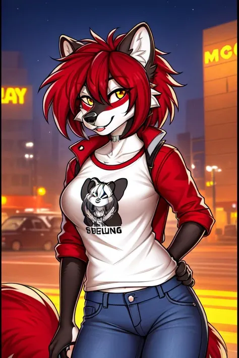 1girl, (detailed fluffy fur), body fur, solo, raccoon ears, two-tone hair, (high quality), high res, detailed eyes, detailed shadows, red jacket, (high quality), high-res, (digital painting), (8k), (tail:1.1), city buildings, skyline, (hand in pocket:1.1), jeans, (neon lights:1.1), night, crowded,  glowing light, neon, small breast, rock band t-shirt, <lora:F95SFW:0.5>