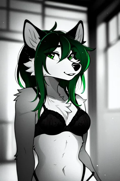 masterpiece, best quality, hd, high detail, a lot of small details, (furry), perfect body, small breasts, furry female, 2 ears, face focus, dual tone fur, green hair, felid, small breast, (lingerie), black and white fur,