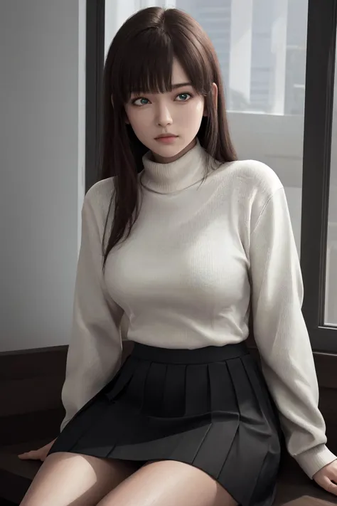 masterpiece, best quality, highres, 1girl <lora:tachibana_hina_no_outfit:1> sweater, skirt, white shirt, photorealistic, sitting