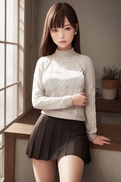 masterpiece, best quality, highres, 1girl <lora:tachibana_hina_no_outfit:1> sweater, skirt, white shirt, photorealistic