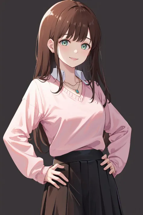 masterpiece, best quality, highres, 1girl <lora:tachibana_hina_no_outfit:1> pink sweater white shirt, collared shirt, necklace, skirt, simple background, hand on hip, smile