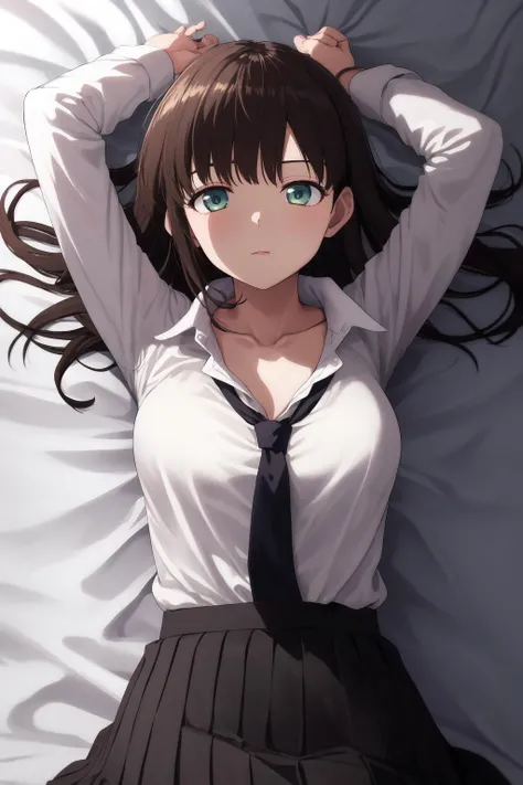masterpiece, best quality, highres, 1girl <lora:tachibana_hina_no_outfit:1> sweater, skirt, white shirt, loose necktie, collarbone, arms up, lying on back, bed sheet