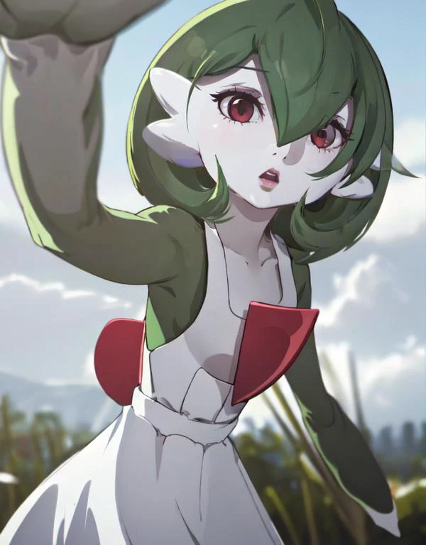 <lora:gardevoir_v2:1>, gardevoir, white dress, creatures \(company\), game freak, nintendo, pokemon, pokemon \(game\), bangs, colored skin, female focus, flat chest, gen 3 pokemon, green hair, green skin, hair over one eye, multicolored skin, pokemon \(creature\), red eyes, short hair, two-tone skin, white skin, <lora:concept_incomingheadpat:0.9>, pov, incoming headpat