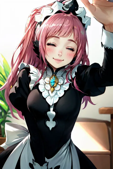 Highly detailed, High Quality, Masterpiece, beautiful, 1girl, solo, feliciadef, maid, maid headdress, black thighhighs, <lora:Char_FireEmblem_Felicia:0.9>, incoming headpat, pov, <lora:Pos_IncomingHeadpat:1>, smile, closed eyes, blush,