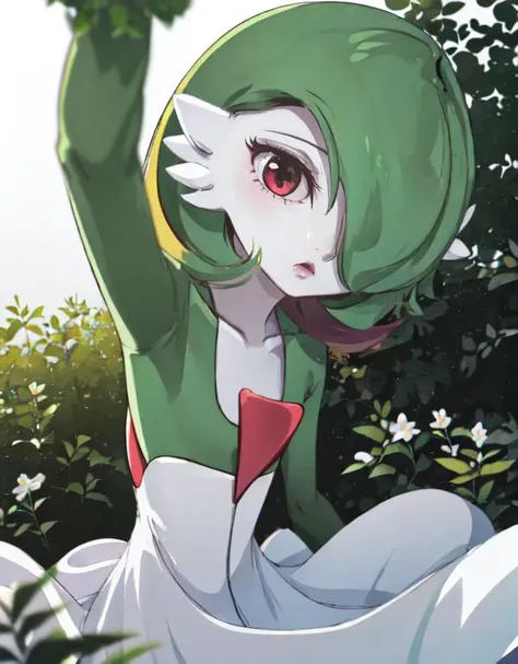 <lora:gardevoir_v2:1>, gardevoir, white dress, creatures \(company\), game freak, nintendo, pokemon, pokemon \(game\), bangs, colored skin, female focus, flat chest, gen 3 pokemon, green hair, green skin, hair over one eye, multicolored skin, pokemon \(creature\), red eyes, short hair, two-tone skin, white skin, <lora:concept_incomingheadpat:0.9>, pov, incoming headpat