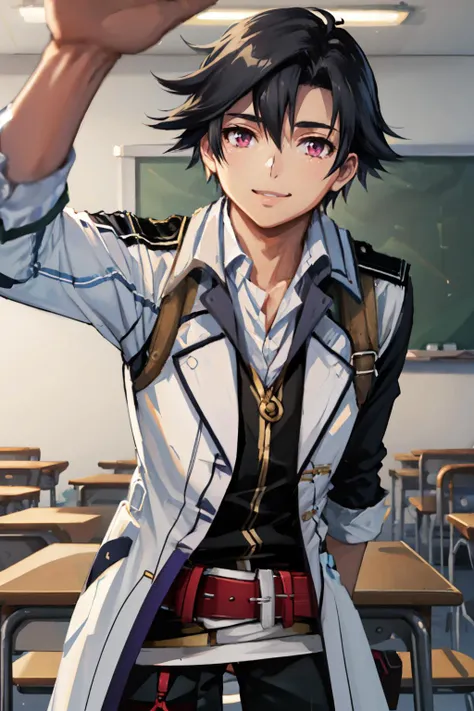 masterpiece, best quality, rean schwarzer, sen3rean, white coat, black shirt, thigh strap, red belt, black pants, smile, indoors, classroom <lora:rean-nvwls-v1-000009:1> <lora:concept_incomingheadpat-10:1> pov, incoming headpat