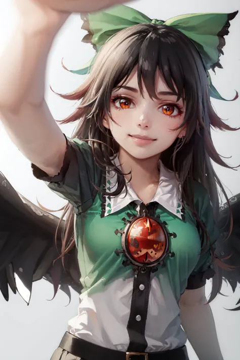 (masterpiece, best quality:1.2), <lora:touhou_reiuji-09:1>, <lora:concept_incomingheadpat-10:1>, pov, upper body, solo, 1girl, reiuji utsuho, third eye, smile, looking at viewer, incoming headpat, hair bow, shirt, puffy short sleeves, wings