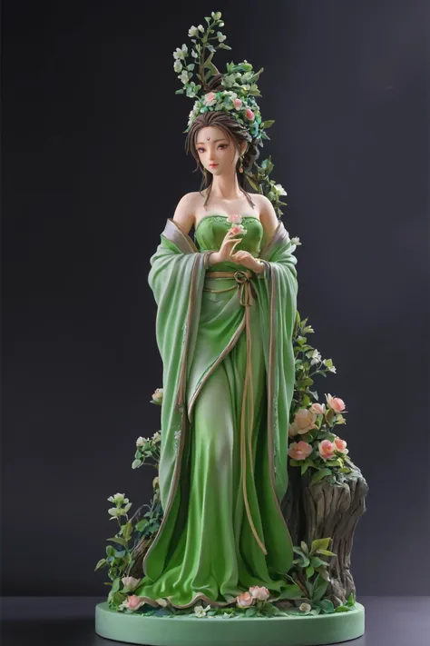 Architectural style masterpiece, intricate detail, highly detailed, great textures, 8k, high detail, masterpiece, photorealistic,   <lora:fantang_SDXL_v1_loha-000020:0.75>, Fondant ,fantang\(ttp\), a statue of a woman in green, 1girl, solo, fondant,