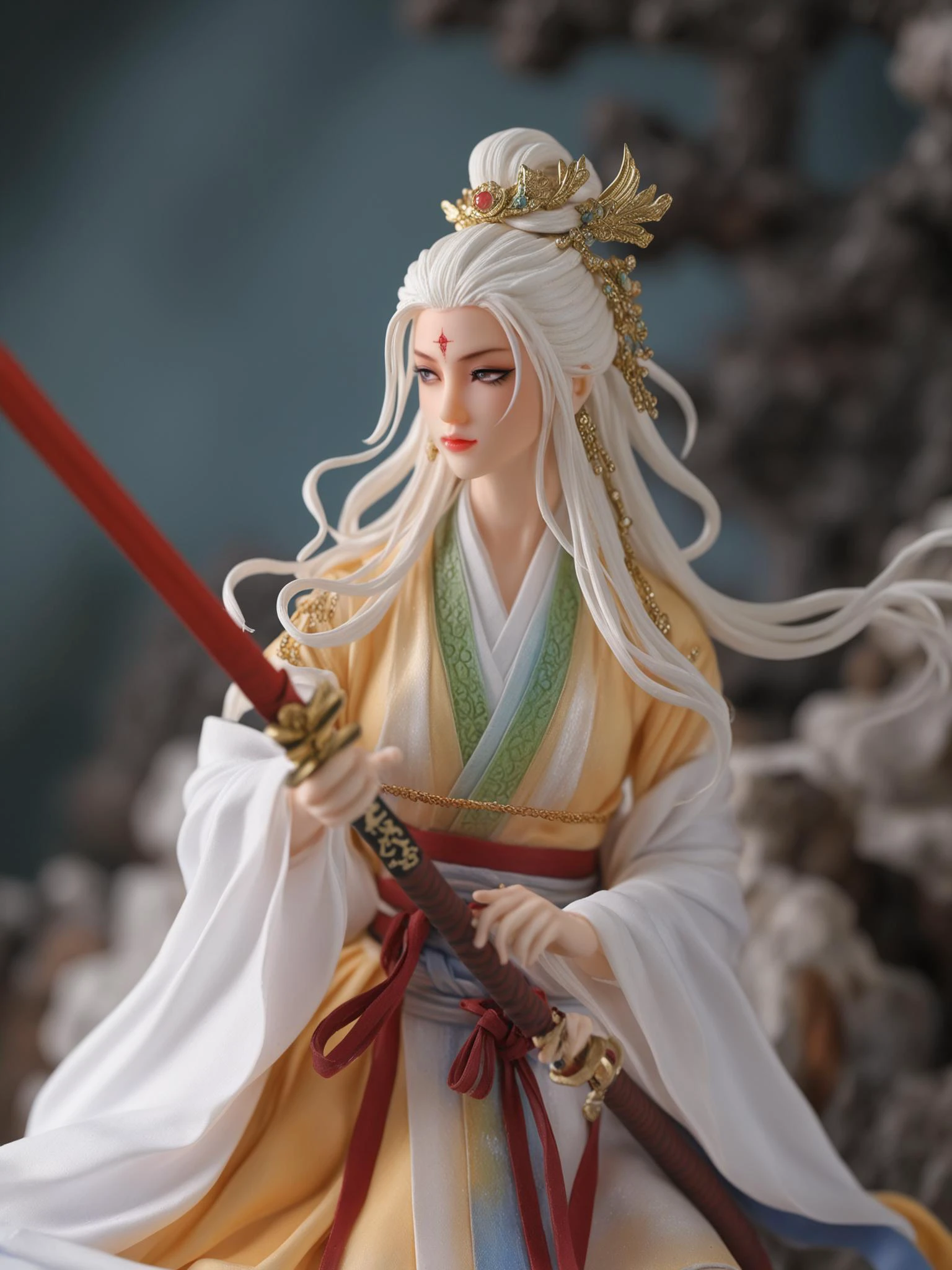 Architectural style masterpiece, intricate detail, highly detailed, great textures, 8k, high detail, masterpiece,photorealistic, <lora:fantang_SDXL_v1_loha-000020:0.75>, fantang\(ttp\), a statue of a woman with long white hair holding two swords, 1boy, weapon, sword, solo, male focus, white hair, long hair, jewelry, pointy ears, necklace, holding, dual wielding, holding sword, holding weapon, katana