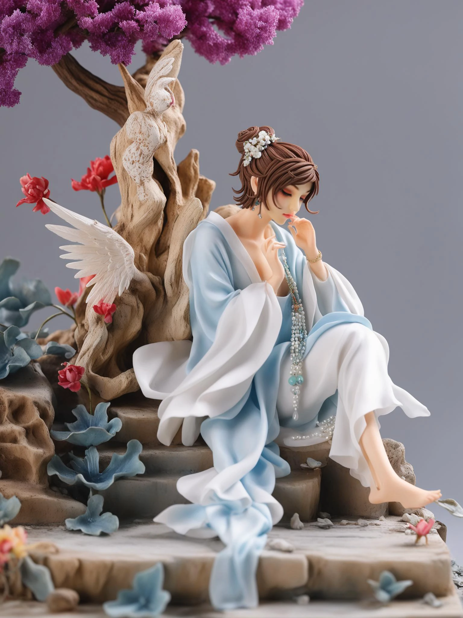 Architectural style masterpiece, intricate detail, highly detailed, great textures, 8k, high detail, masterpiece,photorealistic, <lora:fantang_SDXL_v1_loha-000020:0.75>, fantang\(ttp\), a sculpture of an angel with flowers and leaves, 1boy, male focus, wings, solo, flower, red hair, jewelry, topless male, feathered wings, barefoot, black background, anklet, sitting, angel wings, branch, necklace, white wings, short hair, full body, tattoo, tree, simple background, closed eyes
