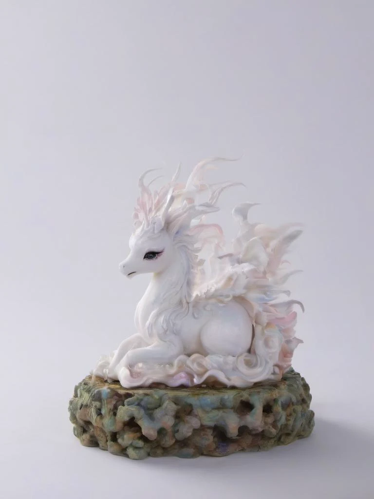 a sculpture of an mystical, Tiny, lovable unicorns with shimmering, rainbow manes, Endearing, miniature krakens with soft tentacles and curious eyes, Small, cuddly griffins with fluffy wings and endearing expressions, with colorful foliage in the foreground <lora:fantang_SDXL_v1_loha-000020:0.8> fangtang\(ttp\),