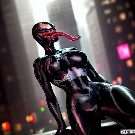 shevenom woman, black venom, suit, tongue, spiderman, cinematic lighting, decay, gore, city, newyork, rainy <lora:shevenom_v20:1>