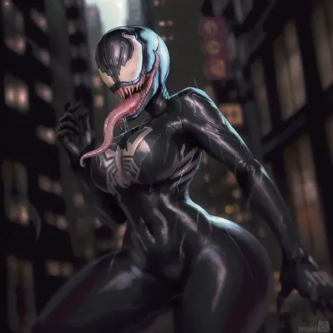 shevenom woman,  black venom, suit, tongue, spiderman, cinematic lighting, city, newyork, rainy <lora:shevenom_v20:1>