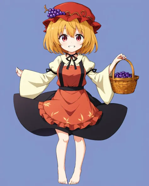 aki minoriko,1girl, solo, barefoot, grapes, one_eye_closed, v, long_sleeves, basket, full_body, grin, looking_at_viewer, mob_cap, shirt, wide_sleeves, neck_ribbon, black_skirt, red_headwear, knees_together_feet_apart, black_ribbon, red_apron, dress
<lora:aki_minoriko_image2428_2023-12-14:1>,star-shaped_pupils,symbol-shaped_pupils,. gorgeous,key visual, vibrant, studio anime,award-winning, professional, highly detailed,high budget, cinemascope