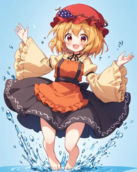 aki minoriko,1girl, grapes, solo, barefoot, long_sleeves, open_mouth, smile, mob_cap, shirt, wide_sleeves, black_skirt, full_body, red_apron, skirt_hold, food-themed_hair_ornament, puffy_sleeves, frills, blush, splashing, red_headwear, black_ribbon, orange_headwear, eighth_note
<lora:aki_minoriko_image2428_2023-12-14:1>,star-shaped_pupils,symbol-shaped_pupils,. gorgeous,key visual, vibrant, studio anime,award-winning, professional, highly detailed,high budget, cinemascope