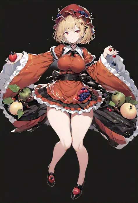 masterpiece, best quality, ultra-detailed, beautiful, nai3, 1girl, solo, full_body, tachi-e, 
aki_minoriko,
mob_cap,
fruit,
shirt,
wide_sleeves,
apron,
skirt,
red_hat,
1girl,
blonde_hair,
short_hair,
red_eyes,
ribbon,
dress,
berry,
vine_fruit,