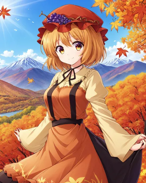 aki minoriko,1girl, grapes, solo, hat, apple, autumn, smile, skirt_basket, autumn_leaves, mountain, tree, maple_leaf, nail_polish
<lora:aki_minoriko_image2428_2023-12-14:1>,star-shaped_pupils,symbol-shaped_pupils,. gorgeous,key visual, vibrant, studio anime,award-winning, professional, highly detailed,high budget, cinemascope