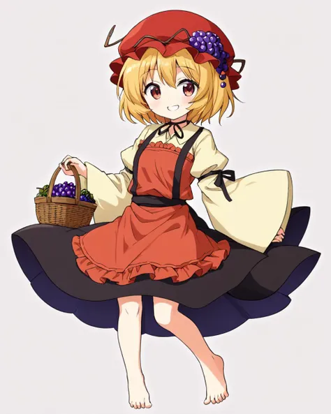 aki minoriko,1girl, solo, barefoot, grapes, one_eye_closed, v, long_sleeves, basket, full_body, grin, looking_at_viewer, mob_cap, shirt, wide_sleeves, neck_ribbon, black_skirt, red_headwear, knees_together_feet_apart, black_ribbon, red_apron, dress
<lora:aki_minoriko_image2428_2023-12-14:1>,star-shaped_pupils,symbol-shaped_pupils,. gorgeous,key visual, vibrant, studio anime,award-winning, professional, highly detailed,high budget, cinemascope