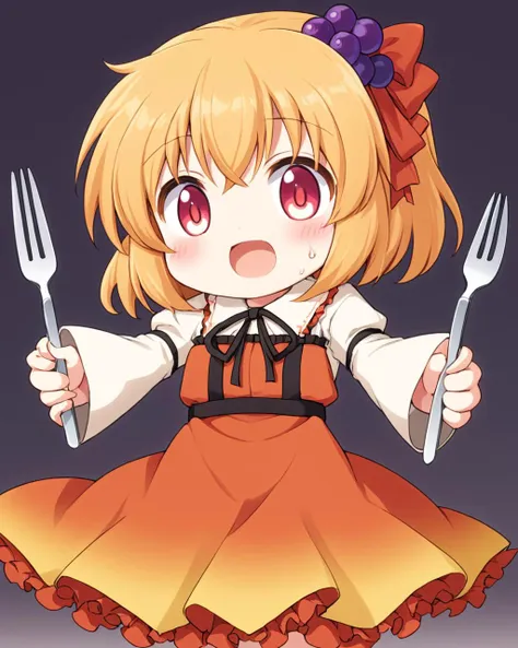 aki shizuha,1girl, solo, >_<, fork, grapes, knife, open_mouth, hair_ribbon, chibi, drooling, outstretched_arms, fang
<lora:aki_shizuha_image1876_2023-12-14:1>,star-shaped_pupils,symbol-shaped_pupils,. gorgeous,key visual, vibrant, studio anime,award-winning, professional, highly detailed,high budget, cinemascope