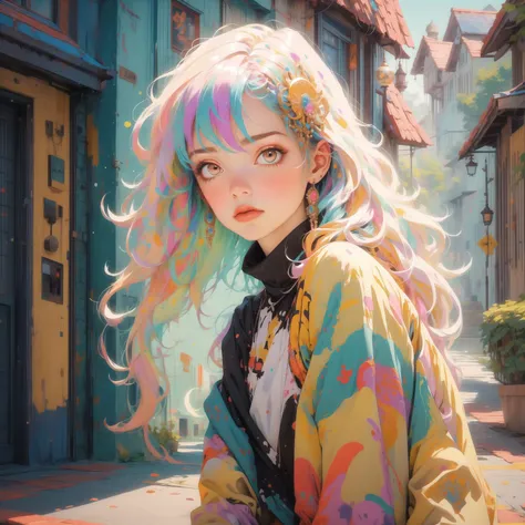 masterpiece, high quality, highres, absurdres, 1 girl, white hair, violett eyes, shiort hair, hair hair ornament, glimmer, glitter, small breasts, casual clothes, street, blush, sitting, glowing, glow, ((half body), chistyle, style, chi, detailchi, rolling eyes, half body, jewelry, sepia, art, abstrakt art, mosaic, <lora:GoodHands-beta2 (1):1.5>, <lora:chiistyle:0.4>, <lora:asb-CH2:1>, <lora:Dreamwave v2.5_8200:1>, <lora:80'sFusion:0.5>