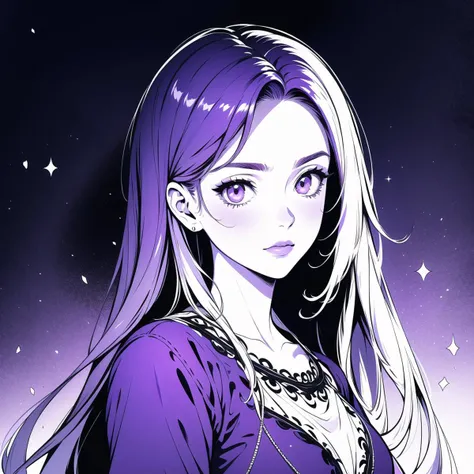 masterpiece, highres, absurdres, high quality, 1girl, very long hair, purple eyes, gowing purple, purple theme, (half body), monochrome, purple higlights, chi, chistyle, detailchi, <lora:animeoutlineV4_16:0.4>, <lora:detailchi:0.5>, <lora:chiistyle:0.4>, <lora:GoodHands-beta2 (1):1.5>