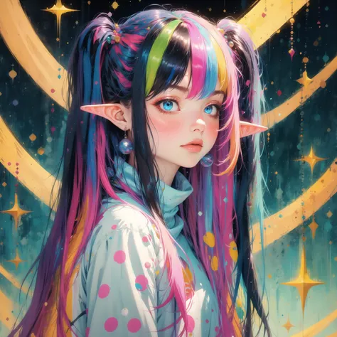 masterpiece, high quality, highres, absurdres, 1 girl, black hair, very long hair, elf ears, blue eyes, twintails, ((colorful hair)), glimmer, glitter, small breasts, casual clothes, street, blush, sitting, glowing, glow, chistyle, style, chi, detailchi, rolling eyes, half body, jewelry, <lora:GoodHands-beta2 (1):1.5>, <lora:chiistyle:0.4>, <lora:asb-CH2:1>, <lora:Dreamwave v2.5_8200:1>