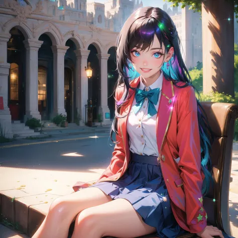 masterpiece, high quality, highres, absurdres, 1 girl, black hair, very long hair, glimmer, glitter, school uniform, cofe, smiling, sitting, in public, celebrity, glowing, glow, chistyle, style, chi,detailchi, half body, jewelry,fantasy, <lora:GoodHands-beta2 (1):1.5>, <lora:chiistyle:0.4>, <lora:asb-CH2:1>,