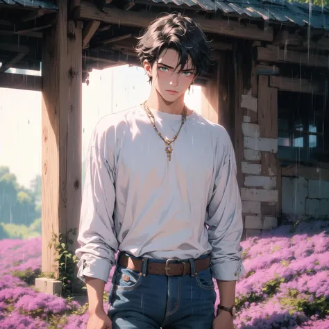 masterpiece, high quality, highres, absurdres, ((1boy)), black hair, green eyes, ((mature man)), glimmer, glitter, white shirt, jeans, lavender field, rainy day, dark day, sad, glowing, glow, ((half body)), chistyle, style, chi, detailchi, rolling eyes, half body, jewelry, sepia, art, abstrakt art, ((mosaic)), <lora:GoodHands-beta2 (1):1.5>, <lora:chiistyle:0.4>, <lora:80'sFusion:0.5>,