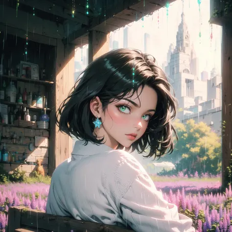 masterpiece, high quality, highres, absurdres, ((1girl)), black hair, bob haircut, green eyes, ((menera style)), glimmer, glitter, white shirt, jeans, lavender field, rainy day, dark day, sad, glowing, glow, ((half body)), chistyle, style, chi, detailchi, rolling eyes, half body, jewelry, sepia, art, abstrakt art, ((mosaic)), <lora:GoodHands-beta2 (1):1.5>, <lora:chiistyle:0.7>, <lora:80'sFusion:0.5>,