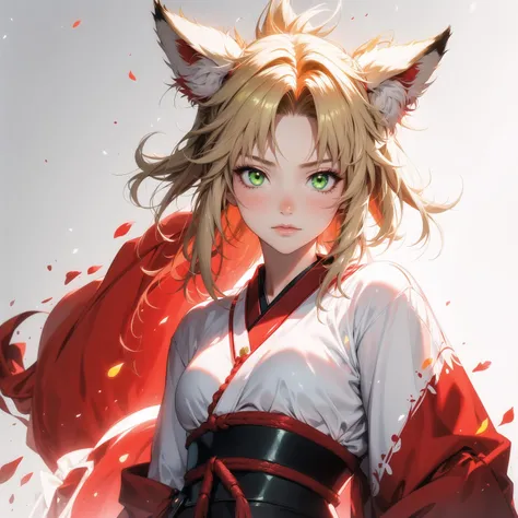 masterpiece, 1girl, high quality, highres, absurdres, green eyes, mordred \(fate\), (medium breasts), casual clothes, glow, fox ears, shy, chi, chistyle, style, japan style, glowing red, red theme, yellow theme, glowing white, white, <lora:GoodHands-vanilla:1.5>, <lora:chiistyle:0.5>, <lora:MordredV3:1>