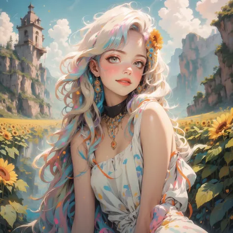 masterpiece, high quality, highres, absurdres, 1 girl, white hair, violett eyes, shiort hair, hair hair ornament, glimmer, glitter, small breasts, white dress, sunfield, sunflower field, smiling, happy, blush, sitting, glowing, glow, ((half body), chistyle, style, chi, detailchi, rolling eyes, half body, jewelry, sepia, art, abstrakt art, mosaic, <lora:GoodHands-beta2 (1):1.5>, <lora:chiistyle:0.4>, <lora:asb-CH2:1>, <lora:Dreamwave v2.5_8200:1>, <lora:80'sFusion:0.5>