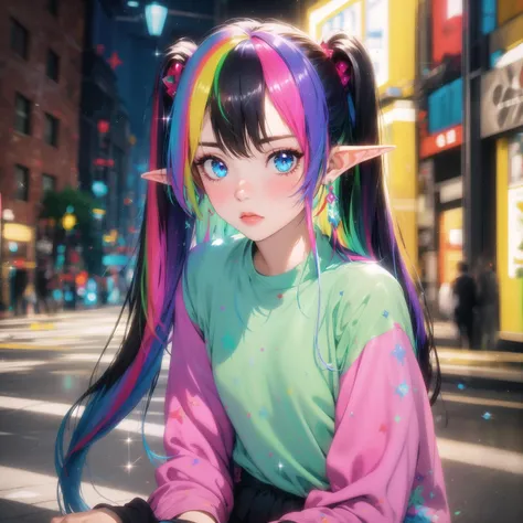 masterpiece, high quality, highres, absurdres, 1 girl, black hair, very long hair, elf ears, blue eyes, twintails, ((colorful hair)), glimmer, glitter, small breasts, casual clothes, street, blush, sitting, glowing, glow, chistyle, style, chi, detailchi, rolling eyes, half body, jewelry, <lora:GoodHands-beta2 (1):1.5>, <lora:chiistyle:0.4>, <lora:asb-CH2:1>,