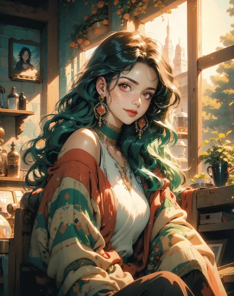 masterpiece, high quality, highres, absurdres, ((1girl)), green hair, ((red eyes)), freckless, long hair,pony, green eyes, fantasy, dark ambiente, ((casual clothes)), sitting in a coffee shop, (half body), smile dark clothes, glimmer, glitter, chistyle, style, chi, detailchi, sepia, art, ((mosaic)), jellyfishfores, <lora:GoodHands-beta2 (1):1.5>, <lora:chiistyle:0.7>, <lora:Dreamwave v2.5_8200:0.5>, <lora:80'sFusion:0.6>, <lora:jellyfish-noise:0.5>