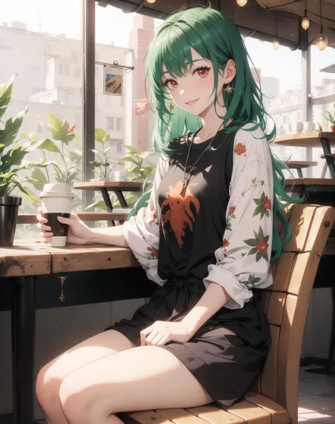 masterpiece, high quality, highres, absurdres, ((1girl)), green hair, ((red eyes)), freckless, long hair,pony, green eyes, fantasy, dark ambiente, ((casual clothes)), sitting in a coffee shop, (half body), smile dark clothes, glimmer, glitter, chistyle, style, chi, detailchi, sepia, art, ((mosaic)), jellyfishfores, <lora:GoodHands-beta2 (1):1.5>,