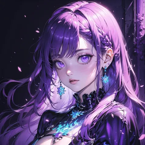 masterpiece, high quality, highres, absurdres, ((1girl)), long hair, purple hair, closed mouth, glow, glowing, jewelry, purple theme, purple highlights, ((half body)), chistyle, style, chi, detailchi, glimmer, <lora:GoodHands-beta2 (1):1.5>,   <lora:chiistyle:0.7>,   <lora:animeoutlineV4_16:0.5>,  <lora:[LoConLoRA] Purple Glimmerç´«æ± Concept (With dropout t& noise version):1>