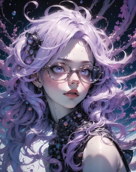 masterpiece, high quality, highres, absurdres, ((1girl)), purple hair, freckless, long hair, pony, monochrome, purple theme, lineart, japanese style, ((half body)), chistyle, style, chi, detailchi, <lora:GoodHands-beta2 (1):1.5>, <lora:chiistyle:0.7>, <lora:Dreamwave v2.5_8200:1>
