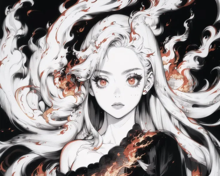 masterpiece, high quality, highres, absurdres, 1girl, flamedress, (((the body is covered in flames))), half, body, chi, chistyle, detailchi, chi, monochrome, red theme, <lora:GoodHands-vanilla:1.5>, <lora:detailchi:0.4>, <lora:chiistyle:0.5>, <lora:animeoutlineV4_16:1>