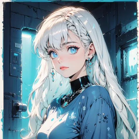 masterpiece, high quality, highres, absurdres, ((1girl)), long hair, white hair, (((closed mouth))), (creepy theme), glow, glowing, jewelry, blue theme, blue highlights, chistyle, style, chi, detailchi, glimmer, retro artstyle, <lora:GoodHands-beta2 (1):1.5>,   <lora:chiistyle:0.7>,   <lora:animeoutlineV4_16:0.5>,  <lora:[LoConLoRA] Purple Glimmerç´«æ± Concept (With dropout t& noise version):0.5>,  <lora:80'sFusion:0.5>