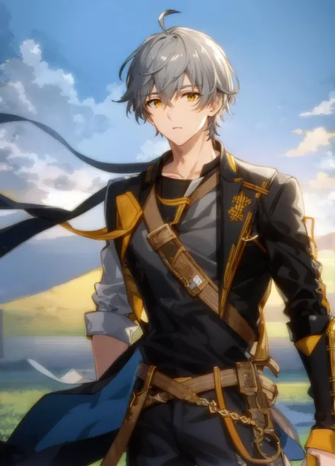 best quality, masterpiece, highres, male focus, 1boy, solo, bara, gray hair, caelus, yellow eyes, looking at viewer, detailed face, highly detailed, beautiful, beautiful lighting, blush, bulge, god rays, light rays, party, depth of field, formal, yellow and black jacket, grimacing, blush, holding baseball bat, grass field, sweating, sweat, grass, blue sky, day, sunlight, (Eachcolorblockisclearlydistinguished:1.1), <lora:caelus:0.6>